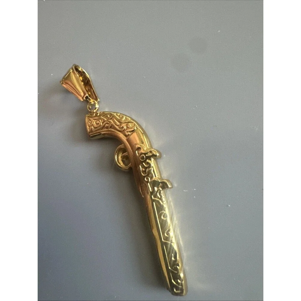 Stainless Steel Pendant Gun Rifle Hunter Hunting 24 Inch Box Chain Gold Plated